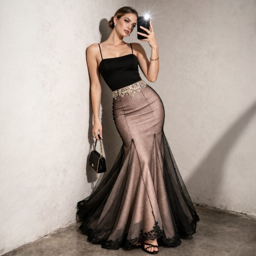 Alyce Paris Pink Black Maxi Skirt Beaded Mesh Lace Evening Hoco Cocktail Size 4